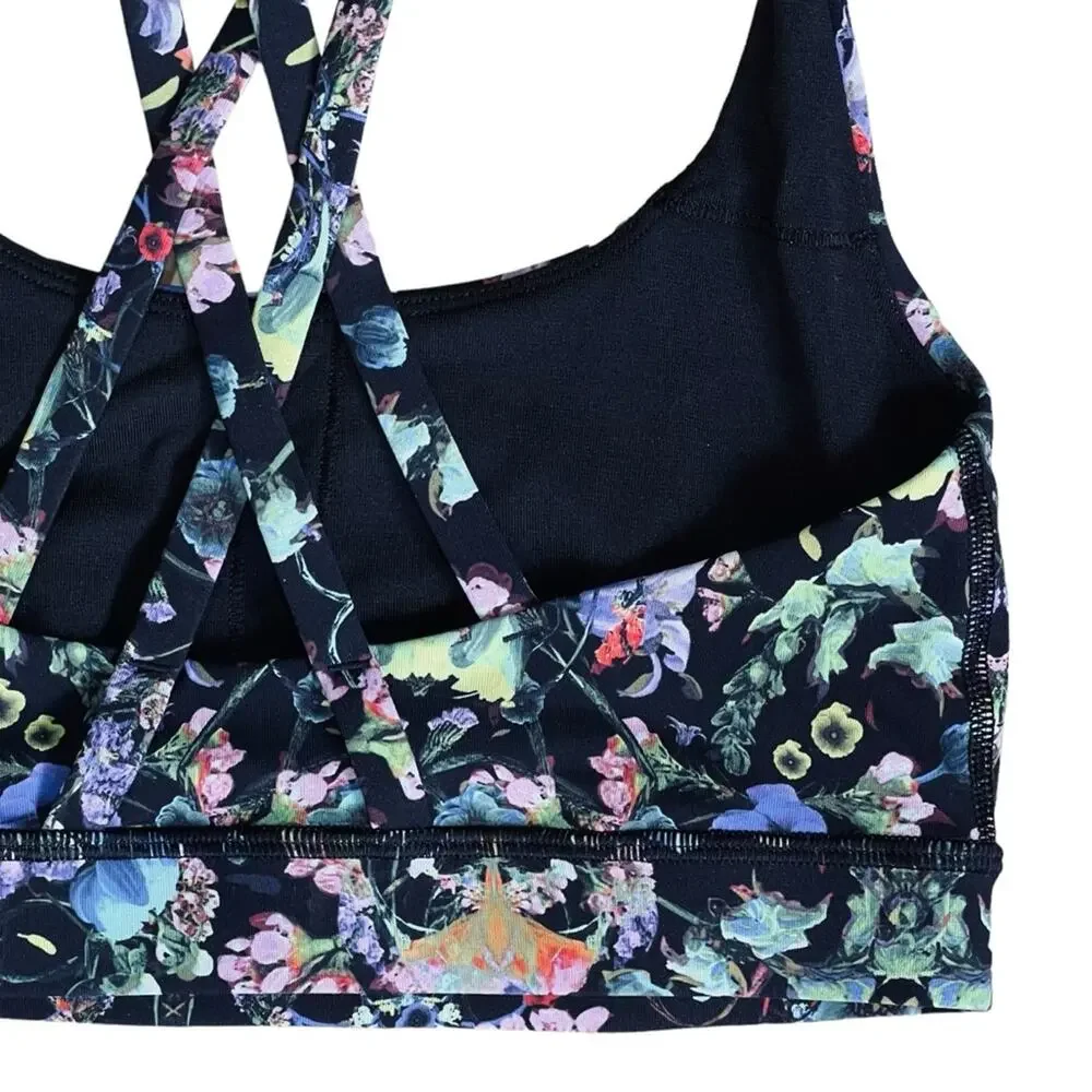 Lululemon Women’s Sz 2 Black Floral Sports Bra Energy Flowerscope Medium Support